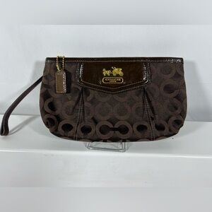 2098: Coach Brown Signature Canvas Wristlet Clutch Horse Carriage Plaque Purple